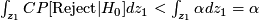 $ \int_{z_1} CP[\mbox{Reject} | H_0] dz_1 < \int_{z_1} \alpha dz_1 = \alpha$