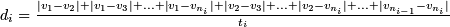 $d_i =  \frac{|v_1 - v_2| + |v_1 - v_3| + ... + |v_1 - v_{n_i}| + |v_2 - v_3| + ... + |v_2 - v_{n_i}| + ... + |v_{n_{i-1}} - v_{n_i}|}{t_i} $